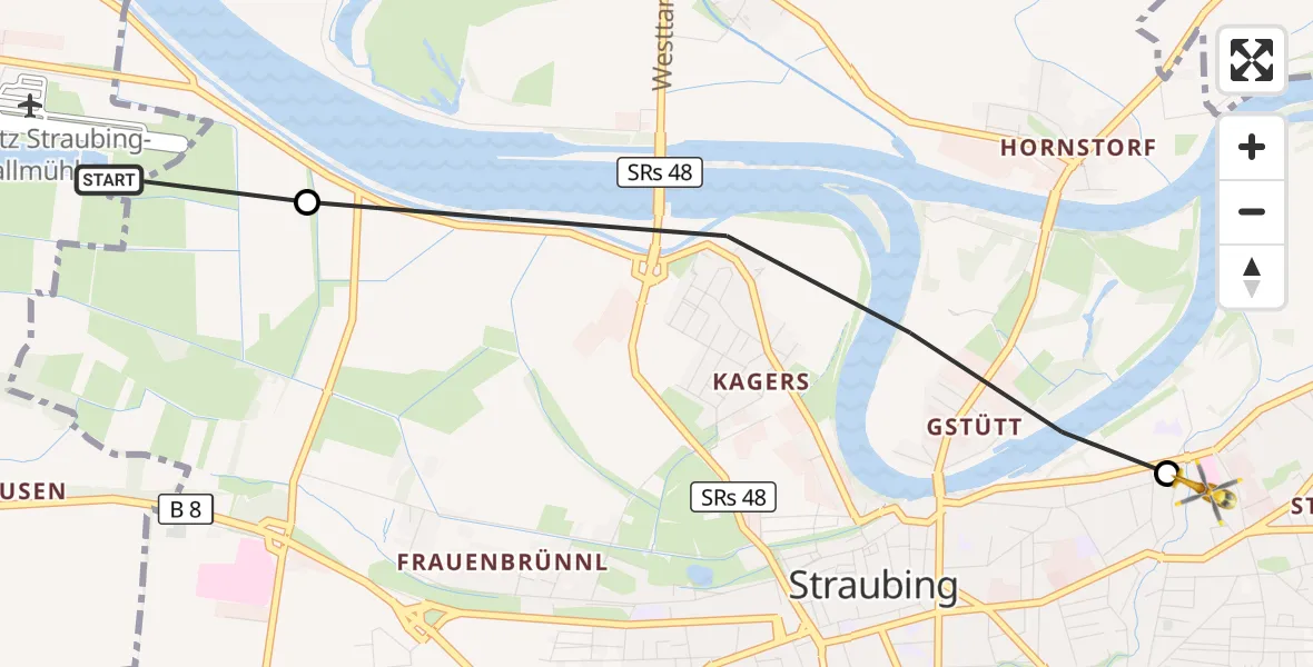 Flugroute Rettungshubschrauber Straubing Airport - Sankt Elisabeth Hospital Straubing, 18 März 2026, 08:54