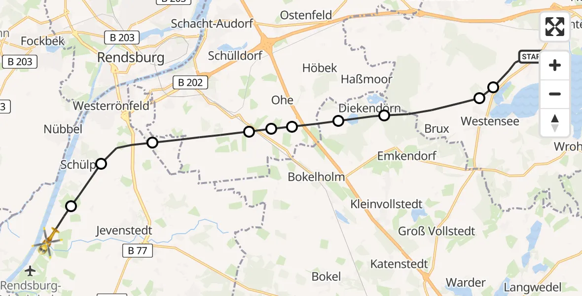 Routekaart van de vlucht: Rettungshubschrauber nach Schülp bei Rendsburg, Am Rüsterbergen