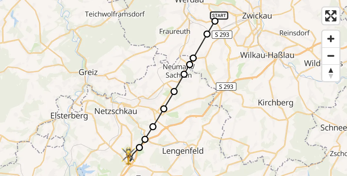 Flugroute Rettungshubschrauber ADAC Air Rescue Station Zwickau Heliport - Pfaffengrün, 18 März 2026, 09:21
