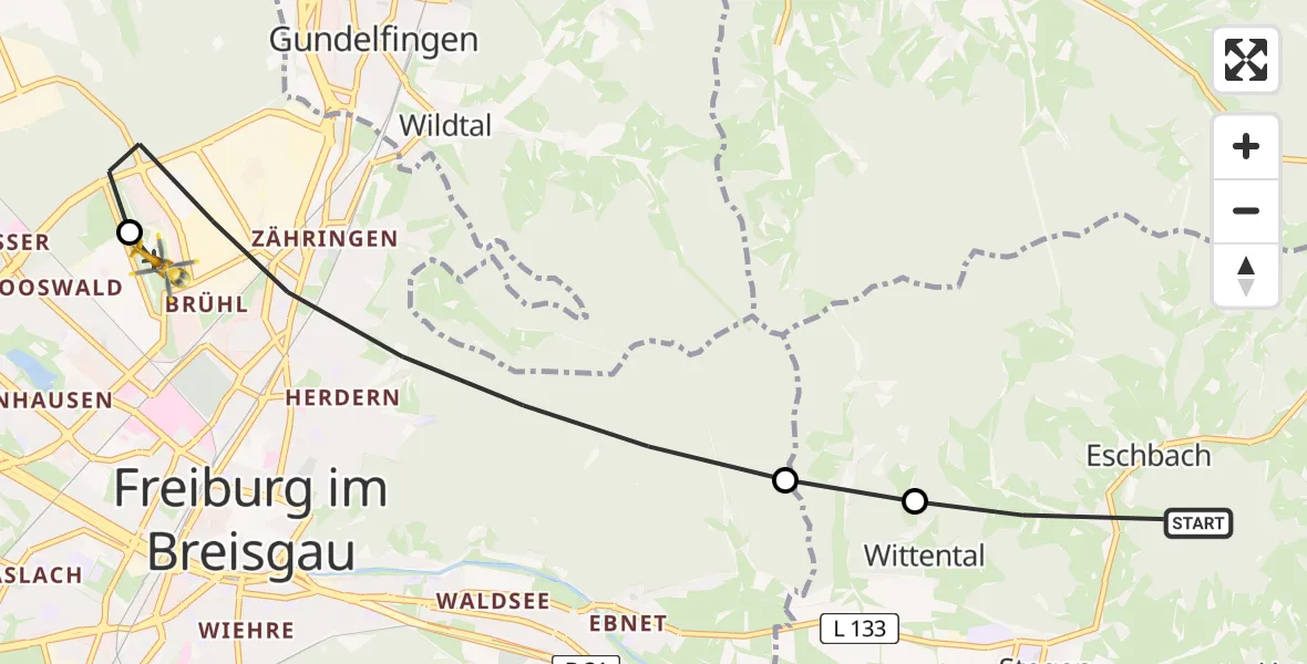 Flugroute Rettungshubschrauber Eschbach - Freiburg im Breisgau Airfield, 18 März 2026, 09:23