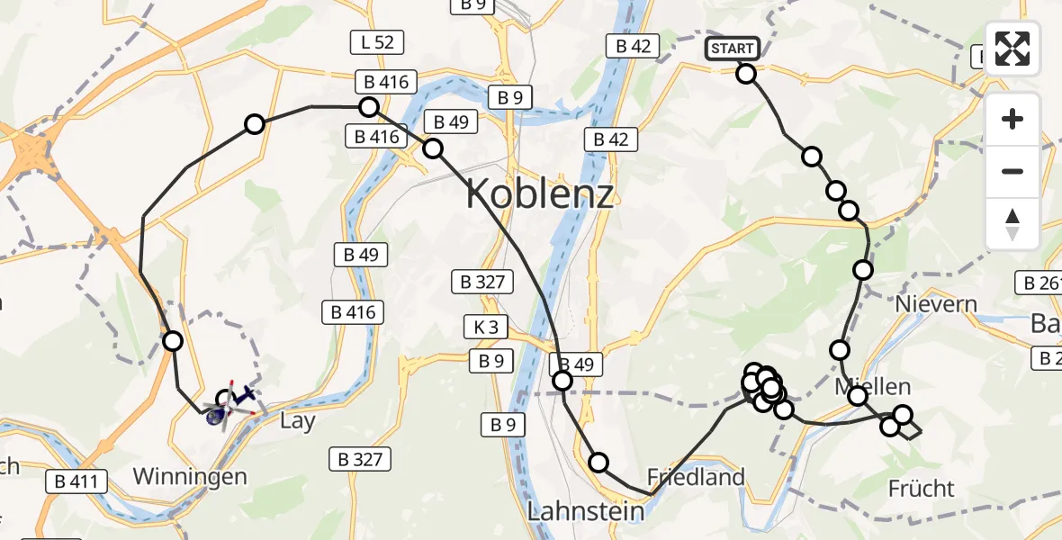 Flugroute Polizeihubschrauber Koblenz - Koblenz-Winningen Airfield, 18 März 2026, 09:31
