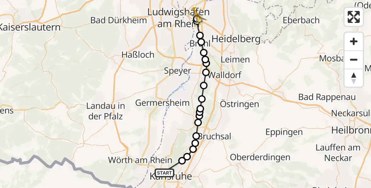 Flugroute Rettungshubschrauber Karlsruhe - Mannheim-City Airport, 18 März 2026, 09:33