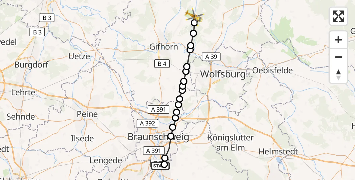 Flugroute Rettungshubschrauber Braunschweig-Süd - Stüde, 18 März 2026, 09:39