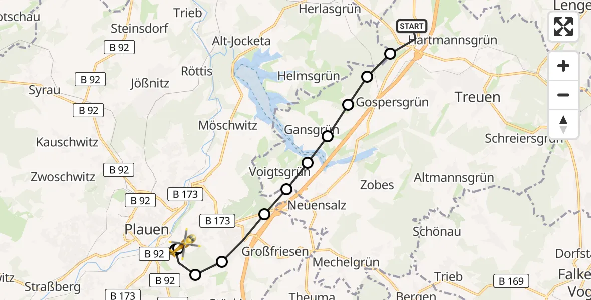 Flugroute Rettungshubschrauber Pfaffengrün - Helios Clinic Plauen, 18 März 2026, 09:48