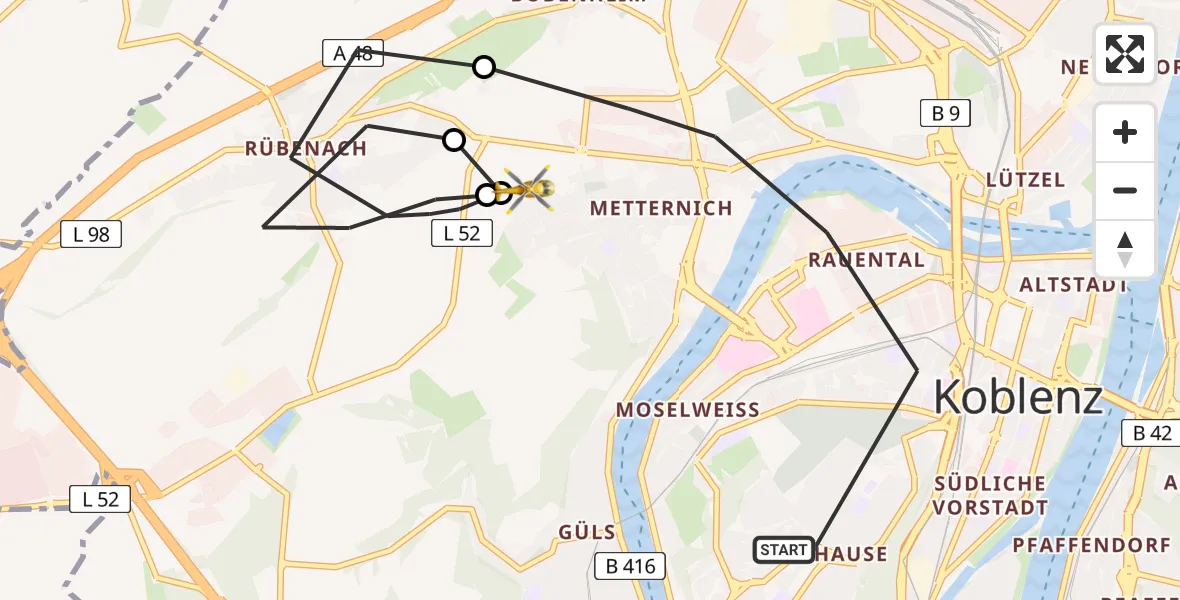 Flugroute Rettungshubschrauber Koblenz - Koblenz, 18 März 2026, 09:50