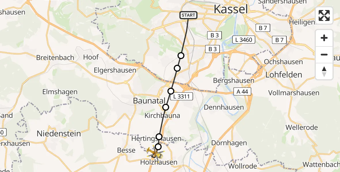 Flugroute Rettungshubschrauber Kassel - Holzhausen, 18 März 2026, 09:53