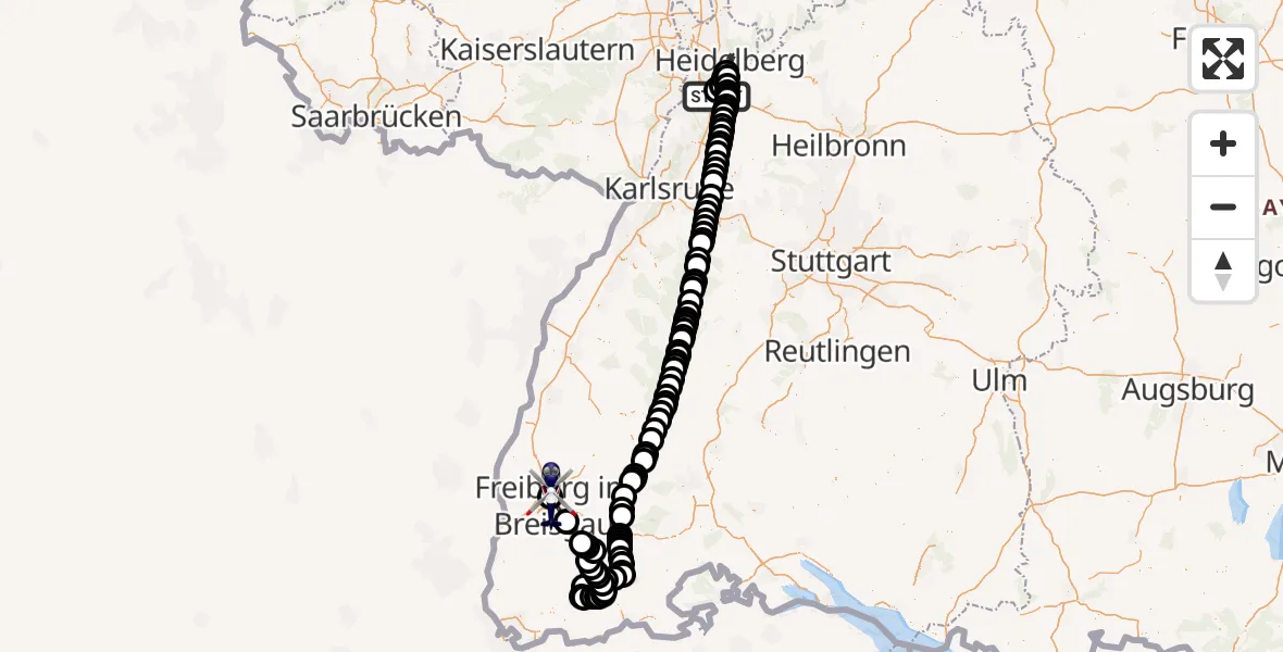 Routekaart van de vlucht: Polizeihubschrauber nach Freiburg im Breisgau Airfield