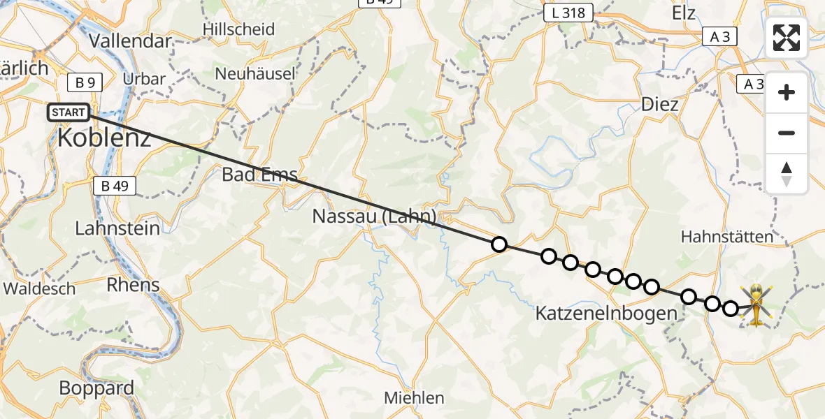 Routekaart van de vlucht: Ambulanzhubschrauber nach Burgschwalbach, K 64