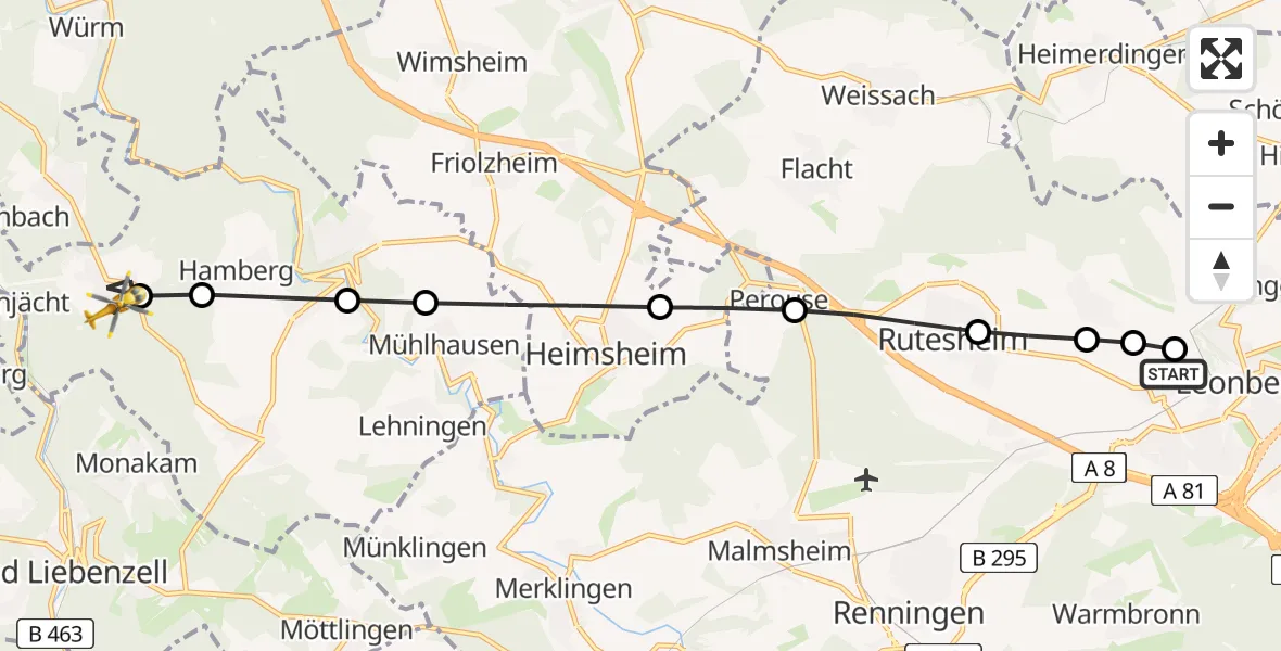 Flugroute Rettungshubschrauber Leonberg Hospital - Schellbronn, 18 März 2026, 10:00