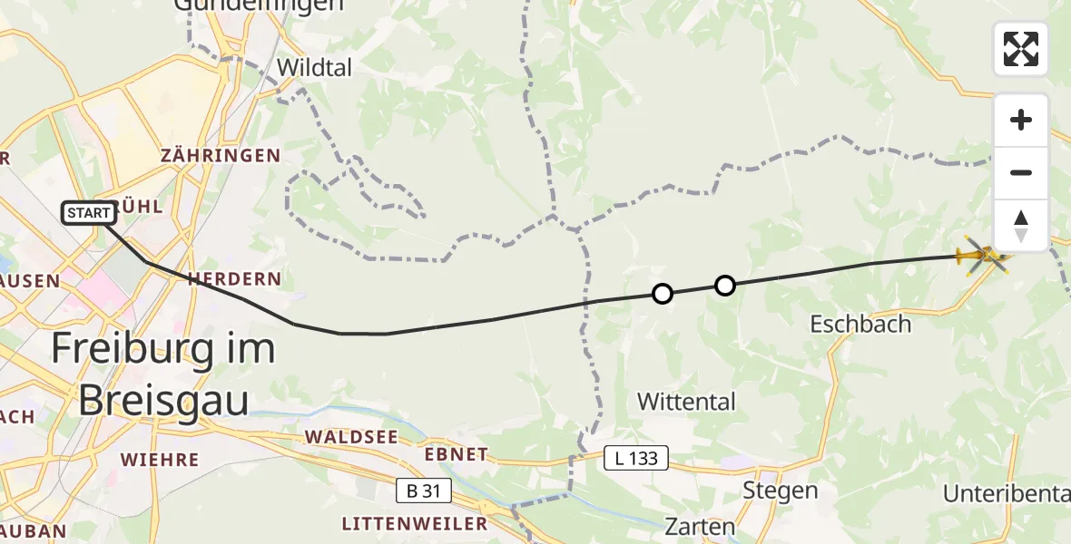 Flugroute Rettungshubschrauber Freiburg im Breisgau - Eschbach, 18 März 2026, 10:01