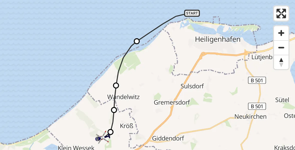 Routekaart van de vlucht: Polizeihubschrauber nach Oldenburg in Holstein, Putloser Chaussee