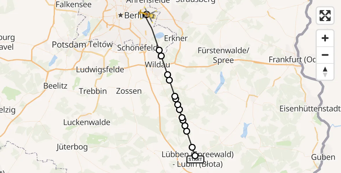 Flugroute Ambulanzhubschrauber Lübben (Spreewald) - Berlin Emergency Hospital, 18 März 2026, 10:15