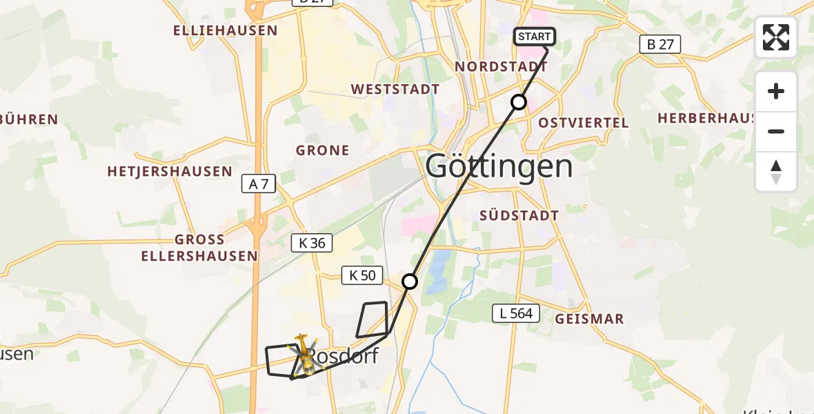 Flugroute Rettungshubschrauber Göttingen University Clinic Heliport - Rosdorf, 18 März 2026, 10:37