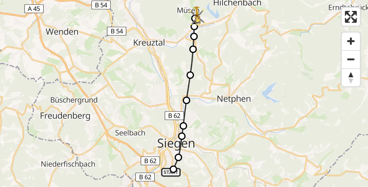 Flugroute Rettungshubschrauber Evangelisches Jung-Stilling Hospital - Müsen, 18 März 2026, 10:37