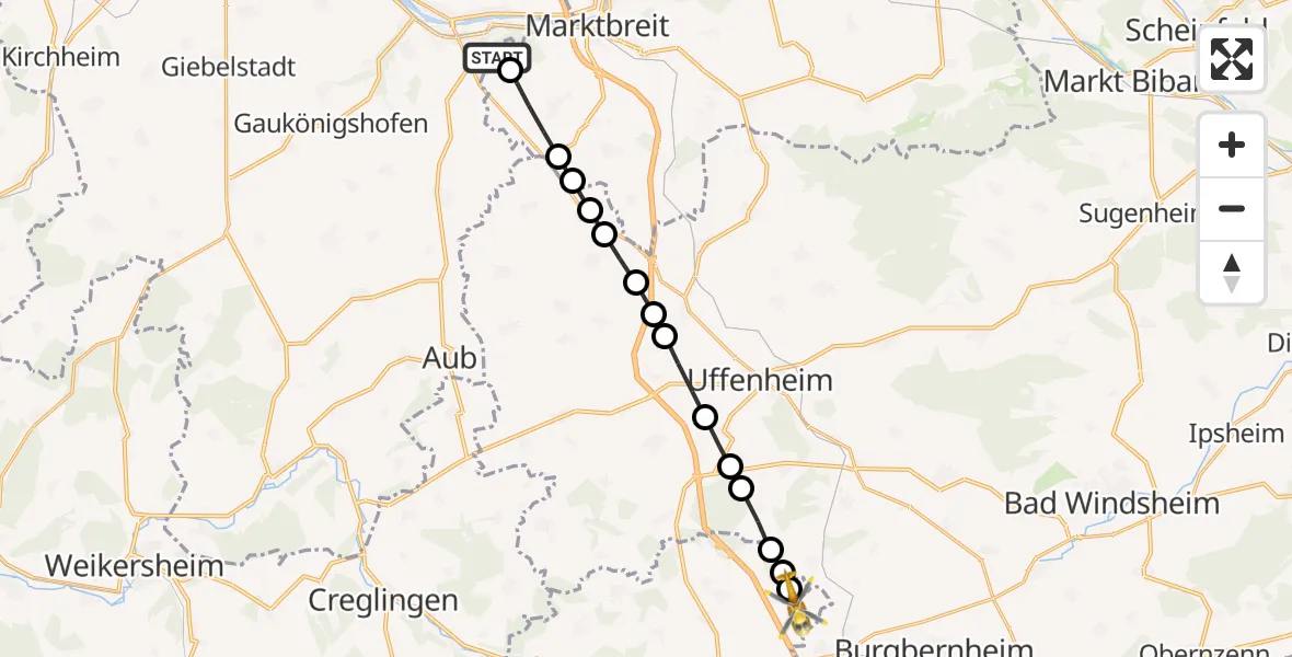 Flugroute Rettungshubschrauber Ochsenfurt Hospital - Habelsee, 18 März 2026, 10:40