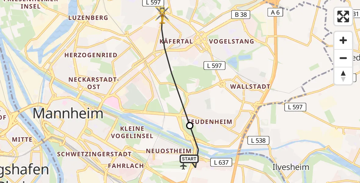 Flugroute Rettungshubschrauber Mannheim-City Airport - Mannheim, 18 März 2026, 10:42