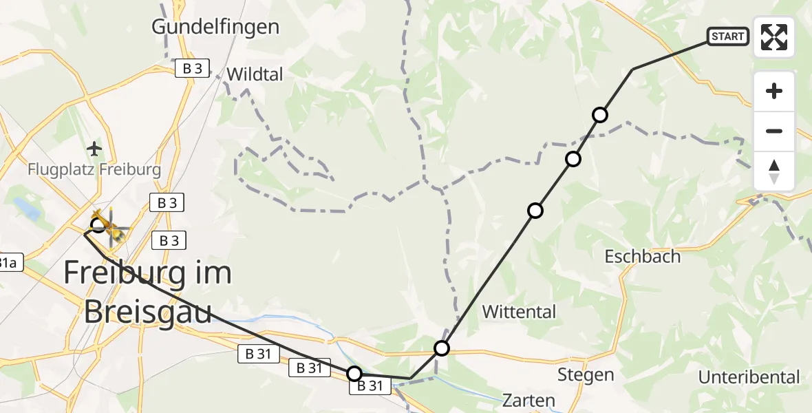 Routekaart van de vlucht: Rettungshubschrauber nach Freiburg University Hospital Heliport 1