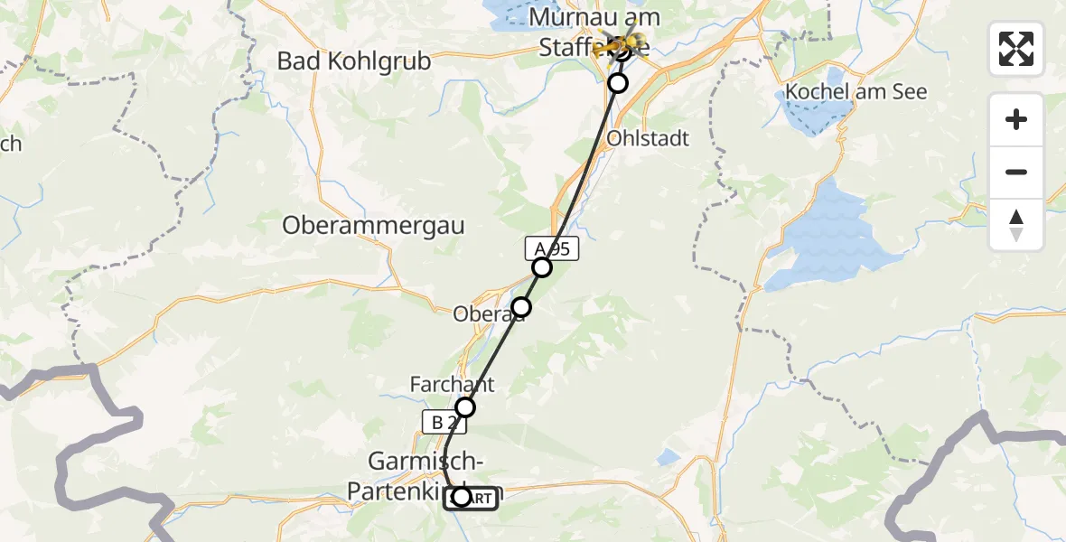 Flugroute Rettungshubschrauber Garmisch-Partenkirchen Clinic Heliport - Murnau Accident Hospital, 18 März 2026, 10:51