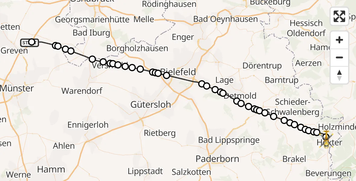 Flugroute Ambulanzhubschrauber Greven - Höxter, 18 März 2026, 10:51