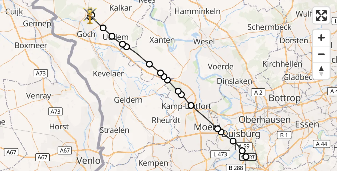 Flugroute Rettungshubschrauber Duisburg Air Rescue Heliport (Christoph 9) - Goch, 18 März 2026, 10:55