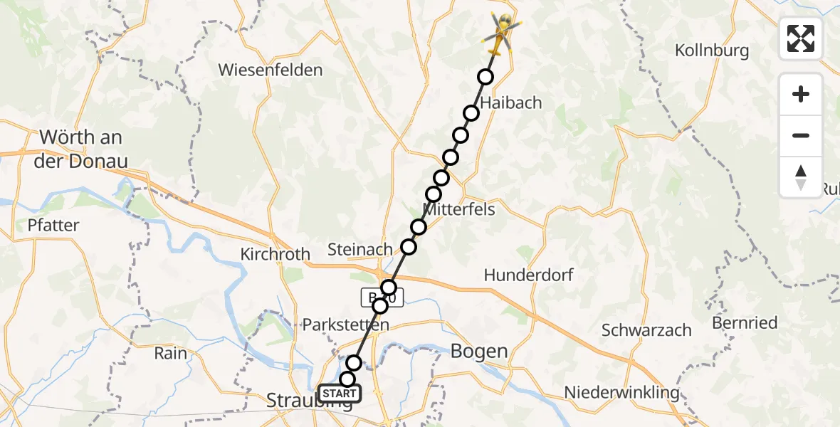 Flugroute Rettungshubschrauber Sankt Elisabeth Hospital Straubing - Denkzell, 18 März 2026, 11:00