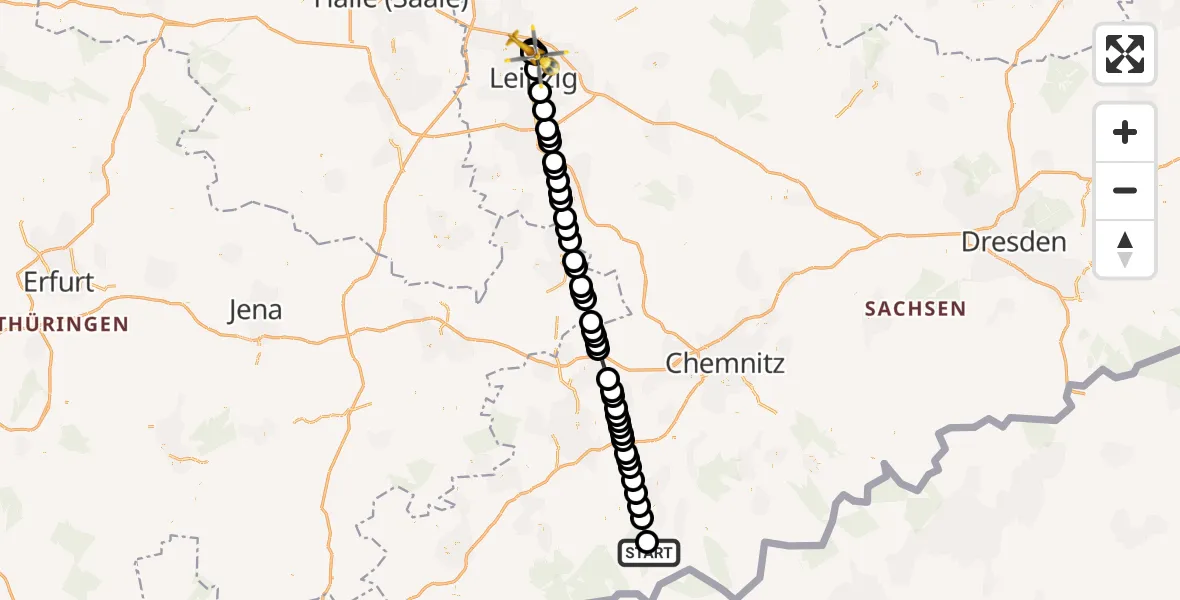 Flugroute Rettungshubschrauber Schwarzenberg/Erzgebirge - Sankt Georg Hospital Leipzig Reserve, 18 März 2026, 11:22