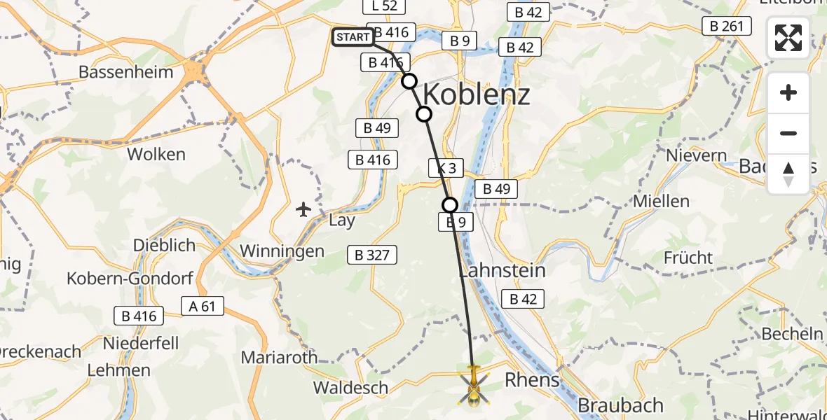 Flugroute Rettungshubschrauber Koblenz - Rhens, 18 März 2026, 11:22