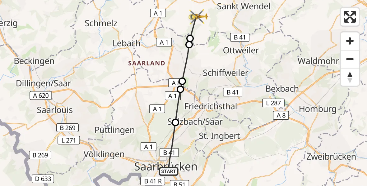 Flugroute Rettungshubschrauber Saarbrücken - Marpingen, 18 März 2026, 11:25