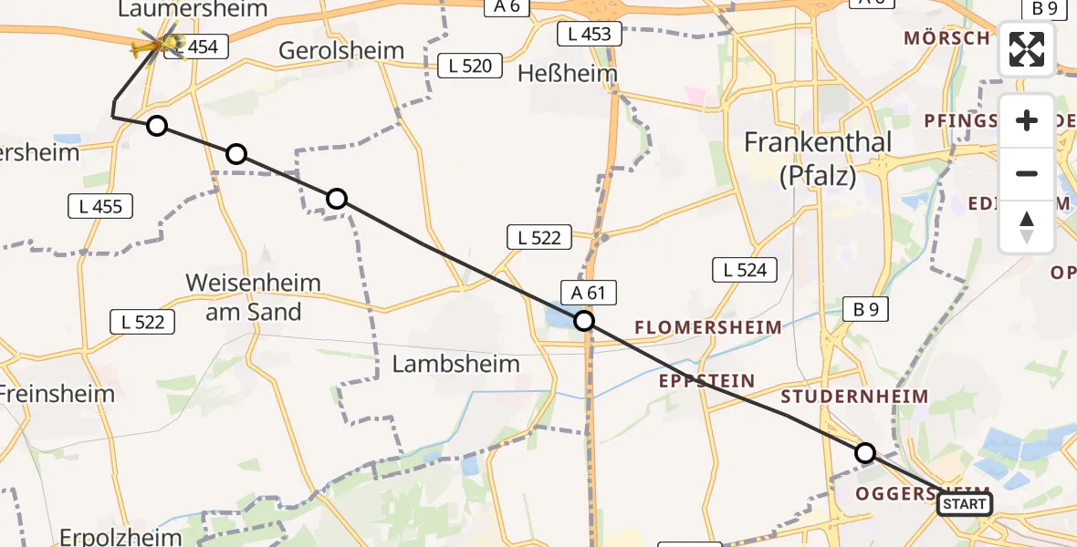 Flugroute Rettungshubschrauber Ludwigshafen am Rhein - Laumersheim, 18 März 2026, 11:25
