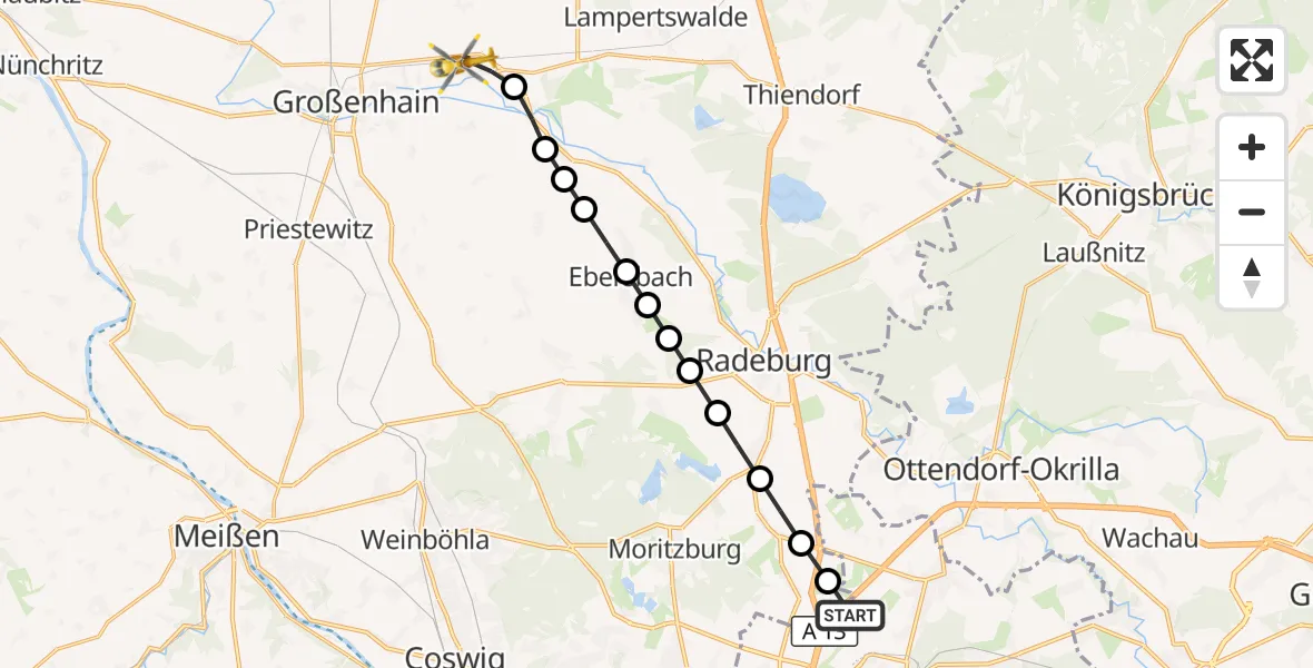 Flugroute Rettungshubschrauber Dresden Airport - Großenhain, 18 März 2026, 11:37