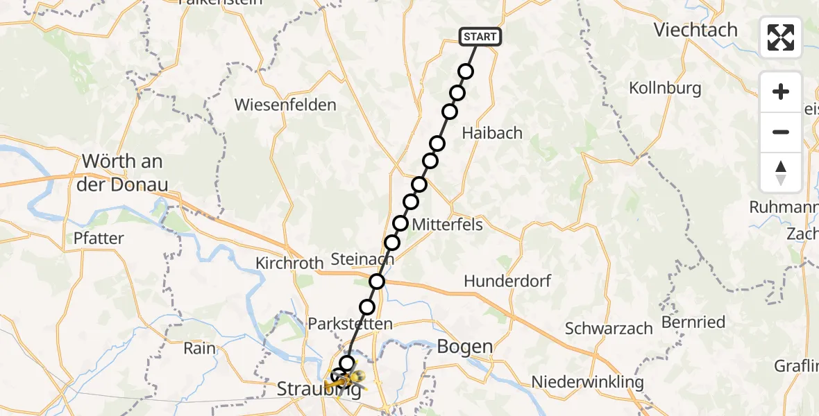 Flugroute Rettungshubschrauber Auggenbach - Sankt Elisabeth Hospital Straubing, 18 März 2026, 11:38