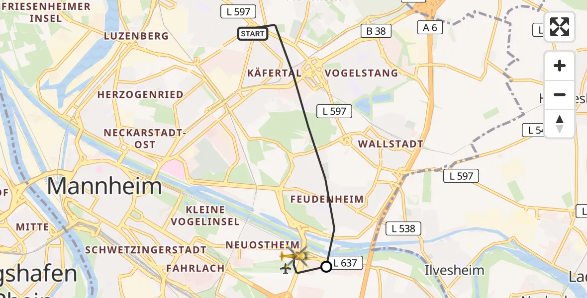 Routekaart van de vlucht: Rettungshubschrauber nach Mannheim-City Airport