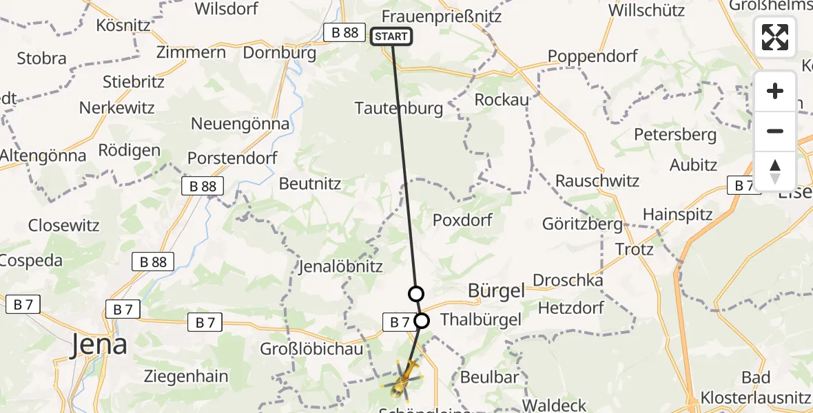 Flugroute Rettungshubschrauber Dorndorf-Steudnitz - Jena-Schöngleina Airfield, 18 März 2026, 11:46