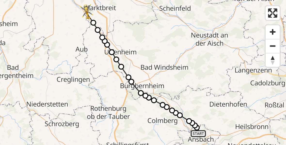 Flugroute Rettungshubschrauber Ansbach - Ochsenfurt, 18 März 2026, 11:48