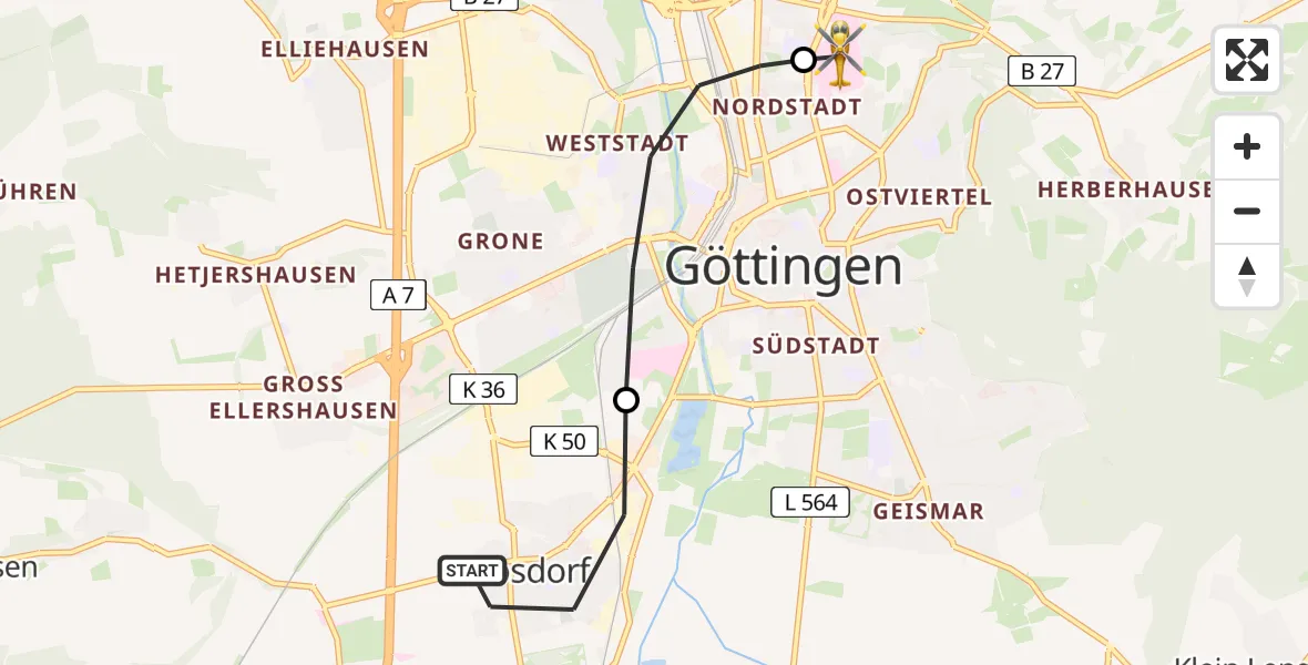 Flugroute Rettungshubschrauber Rosdorf - Göttingen University Clinic Heliport, 18 März 2026, 11:49