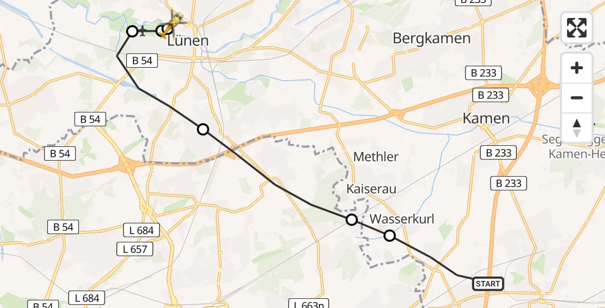 Flugroute Rettungshubschrauber Unna - Sankt Marien Hospital, 18 März 2026, 11:52