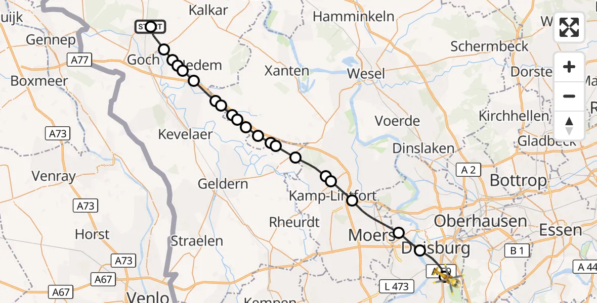 Flugroute Rettungshubschrauber Goch - Sana Clinic Duisburg Heliport, 18 März 2026, 11:54