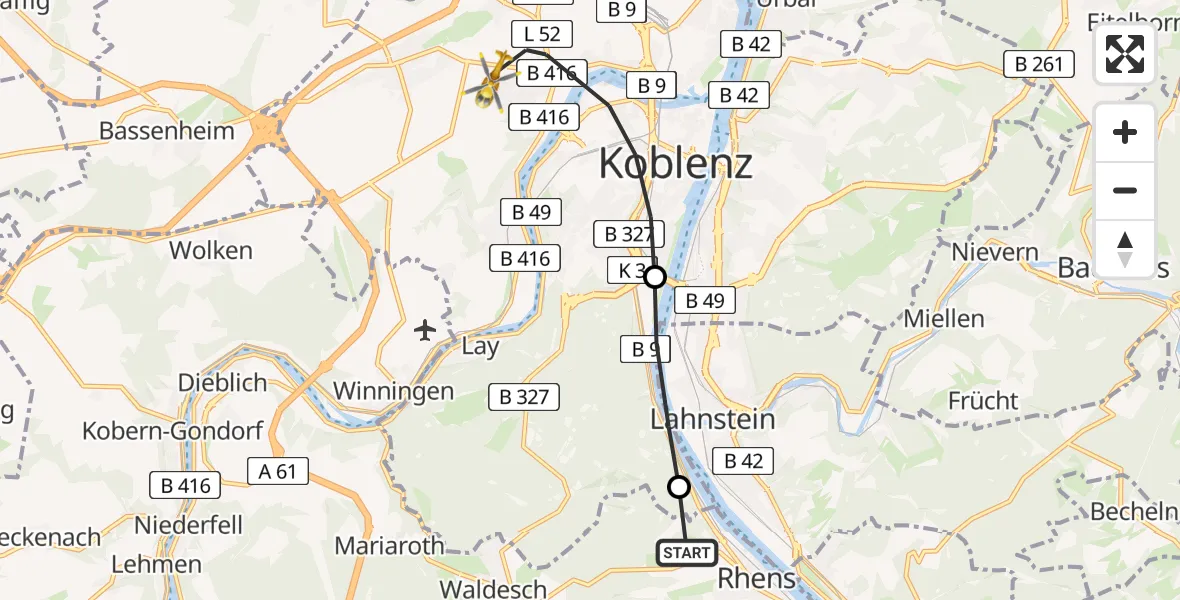 Flugroute Rettungshubschrauber Rhens - Koblenz, 18 März 2026, 11:56