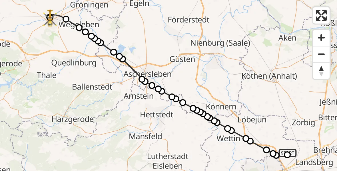 Flugroute Ambulanzhubschrauber Halle-Oppin Airfield - AMEOS Hospital Sankt Salvator Halberstadt, 18 März 2026, 12:00