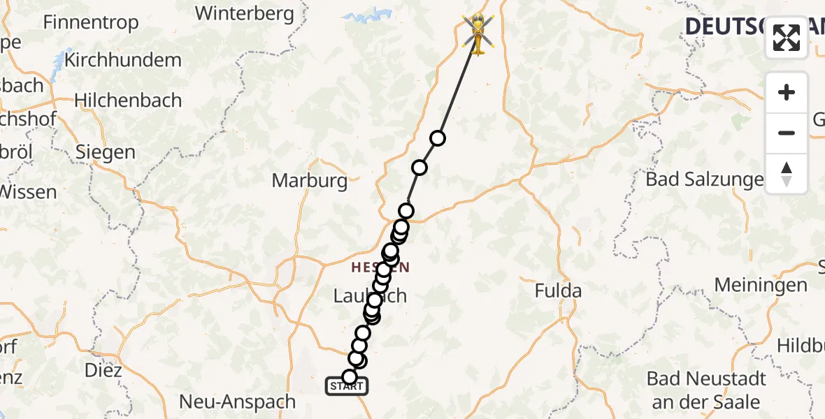 Flugroute Ambulanzhubschrauber Leidhecken - Niedervorschütz, 18 März 2026, 12:00