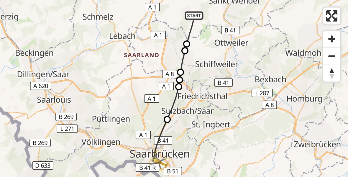 Routekaart van de vlucht: Rettungshubschrauber nach Saarbrücken, Winterberg