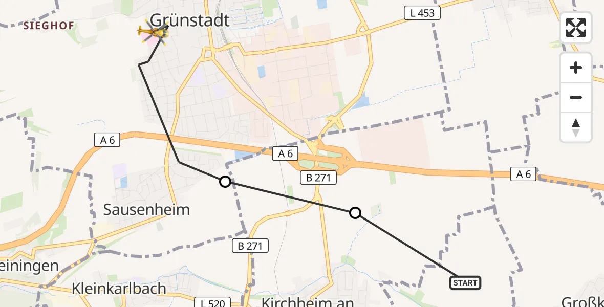 Routekaart van de vlucht: Rettungshubschrauber nach Grünstadt, Am Bergel