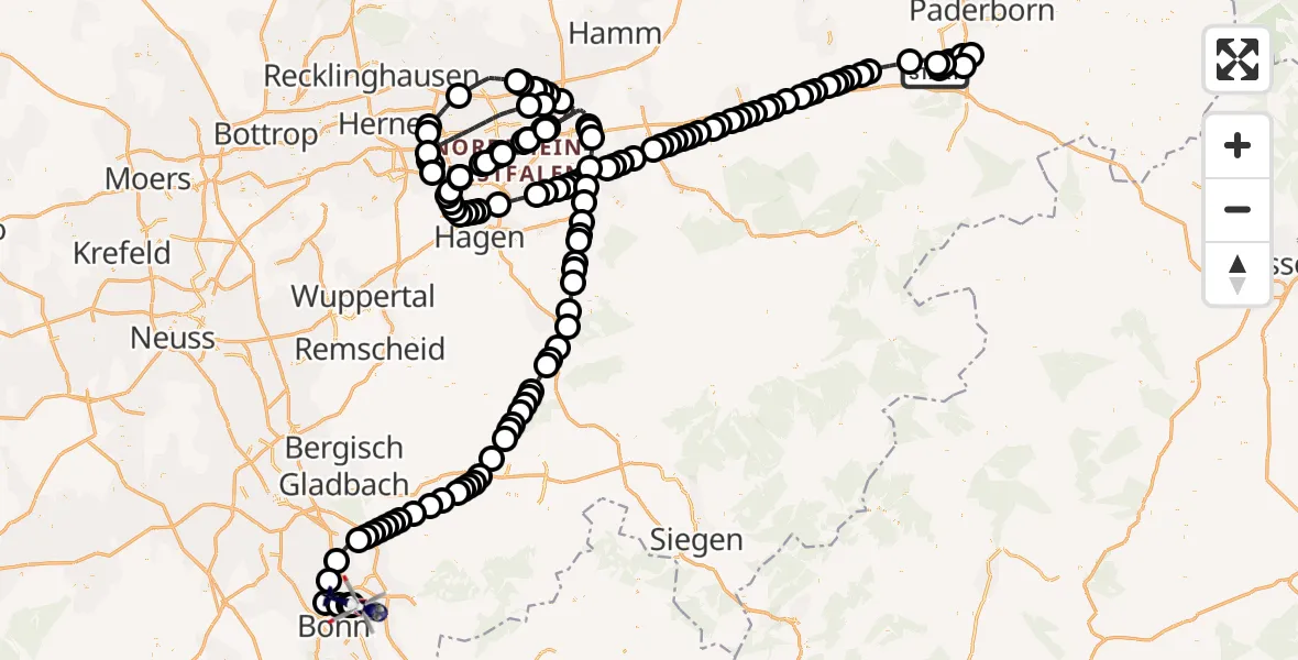 Flugroute Polizeihubschrauber Paderborn Lippstadt Airport - Sankt Augustin, 18 März 2026, 12:16