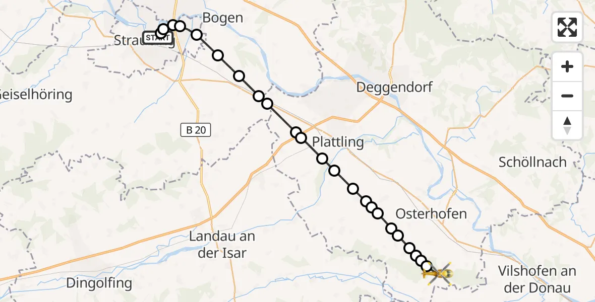 Flugroute Rettungshubschrauber Sankt Elisabeth Hospital Straubing - Forsthart, 18 März 2026, 12:18
