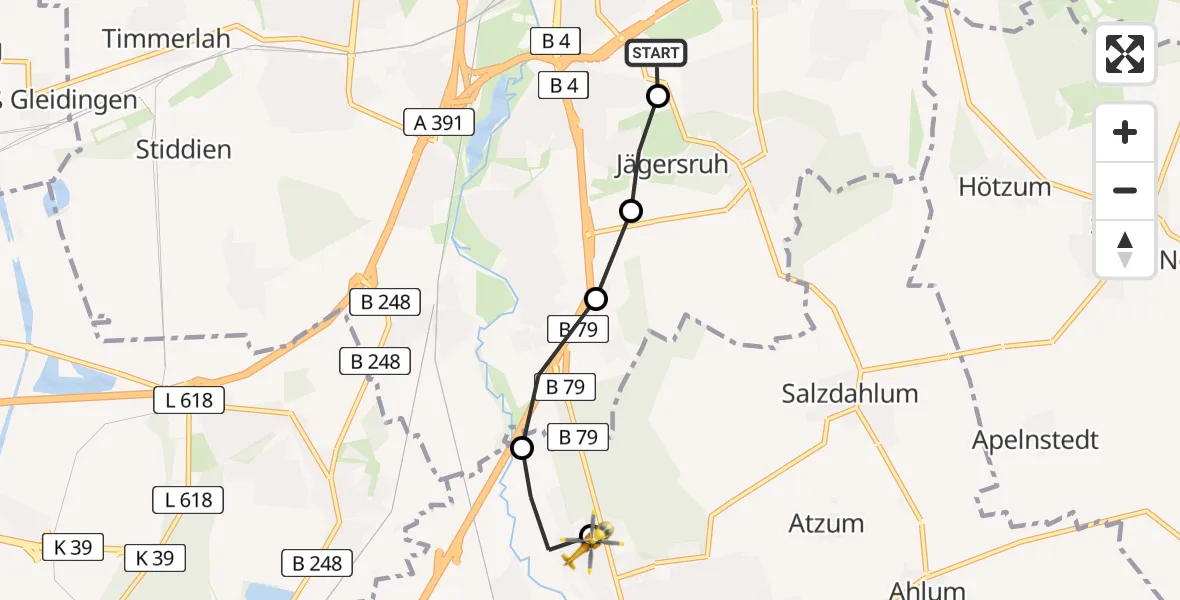 Flugroute Rettungshubschrauber Südstadt-Rautheim-Mascherode - Wolfenbüttel Municipal Hospital Heliport (Christoph 30), 18 März 2026, 12:22