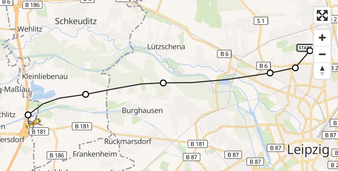 Flugroute Rettungshubschrauber Sankt Georg Hospital Leipzig Reserve - ADAC Air Rescue Station Leipzig/Schkeuditz-Dölzig Heliport (Christoph 61), 18 März 2026, 12:24