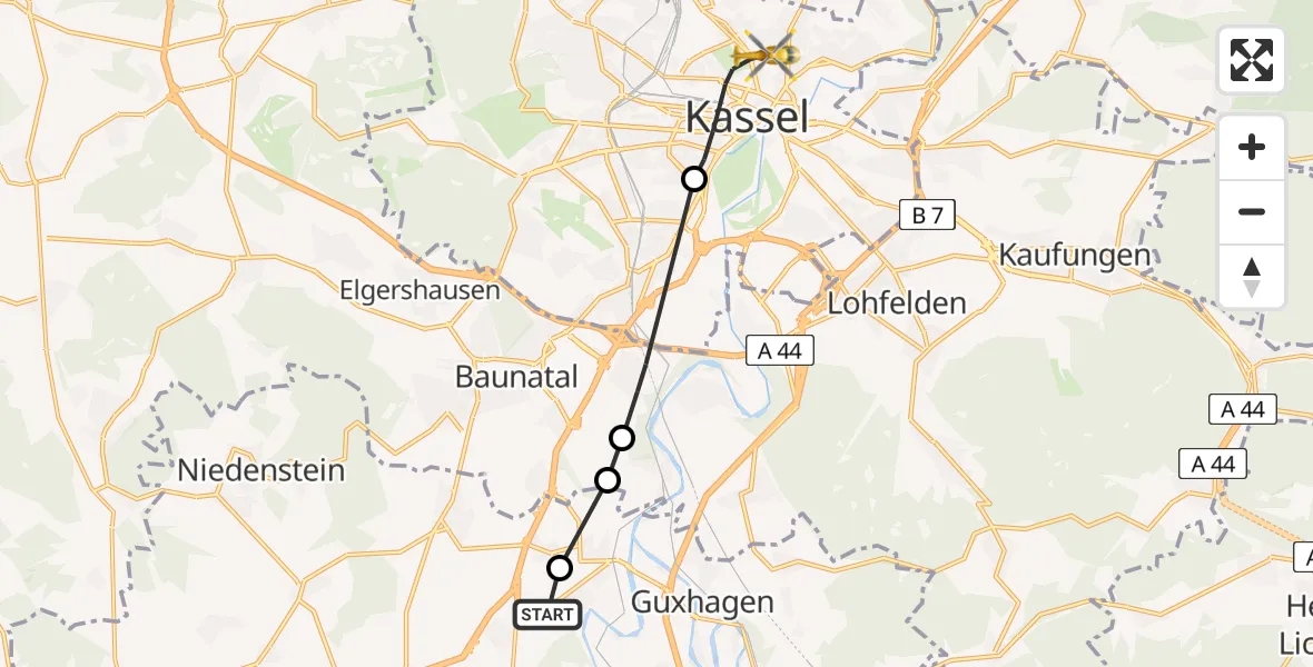 Routekaart van de vlucht: Ambulanzhubschrauber nach Kassel, Fiedlerstraße