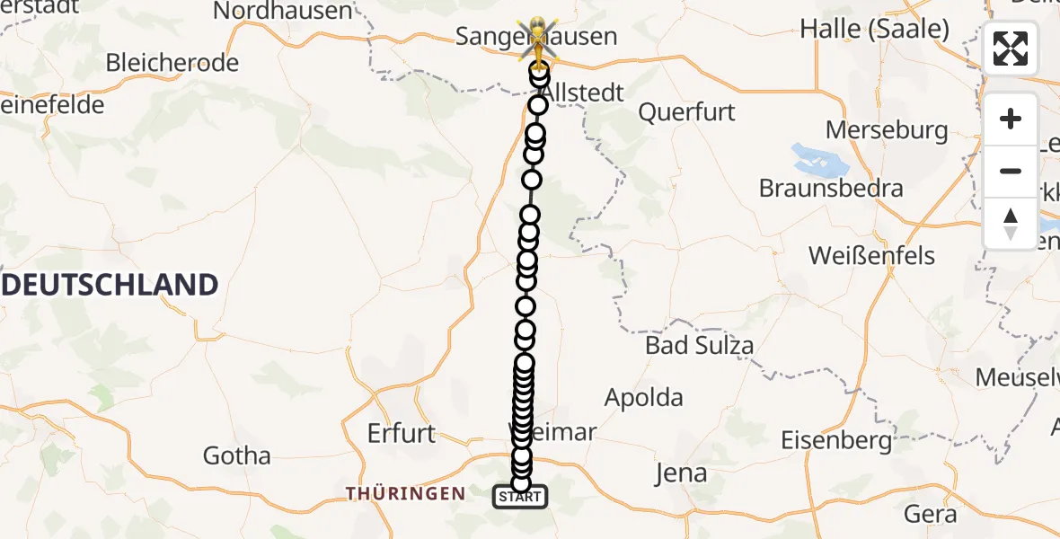 Flugroute Ambulanzhubschrauber Tiefengruben - Sangerhausen, 18 März 2026, 12:44