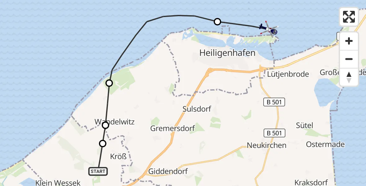 Flugroute Polizeihubschrauber Oldenburg in Holstein - Heiligenhafen, 18 März 2026, 12:47