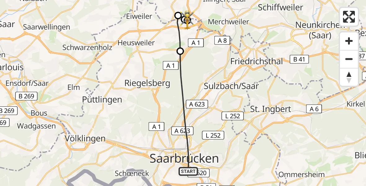 Flugroute Rettungshubschrauber Saarbrücken - Heusweiler, 18 März 2026, 12:52